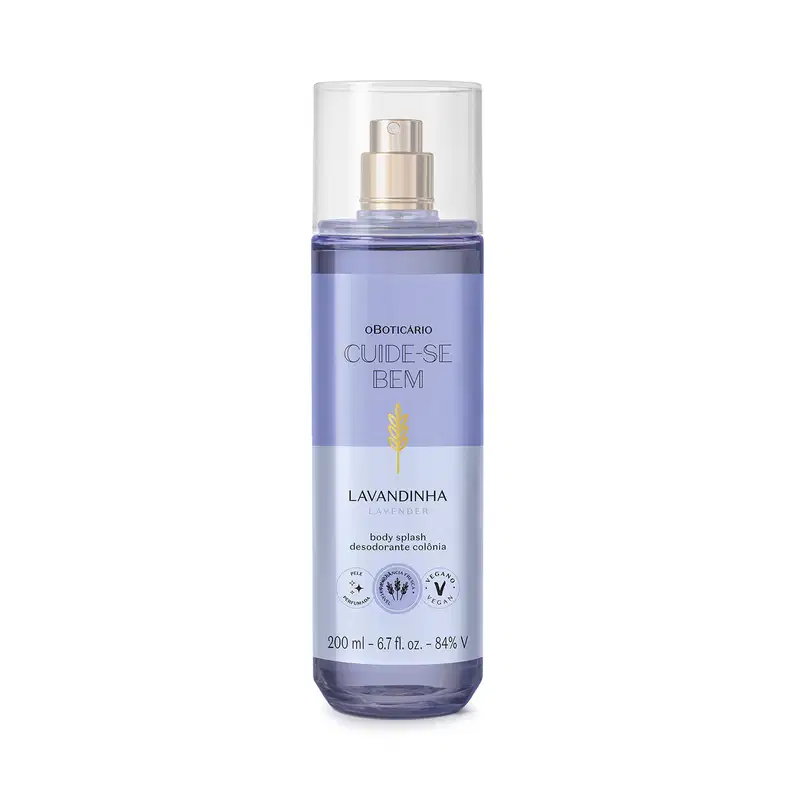 Frasco de vidro transparente com spray dourado contendo item de perfumaria da marca Cuide-se bem, com rótulo roxo e texto "Lavandinha" em letras brancas.