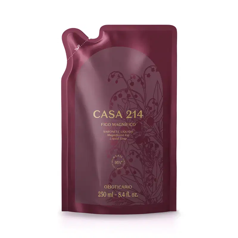 Embalagem refil de sabonete líquido da marca Casa 214, com design elegante em tons de vinho e detalhes em dourado. O rótulo destaca o nome "Figo Magnífico"