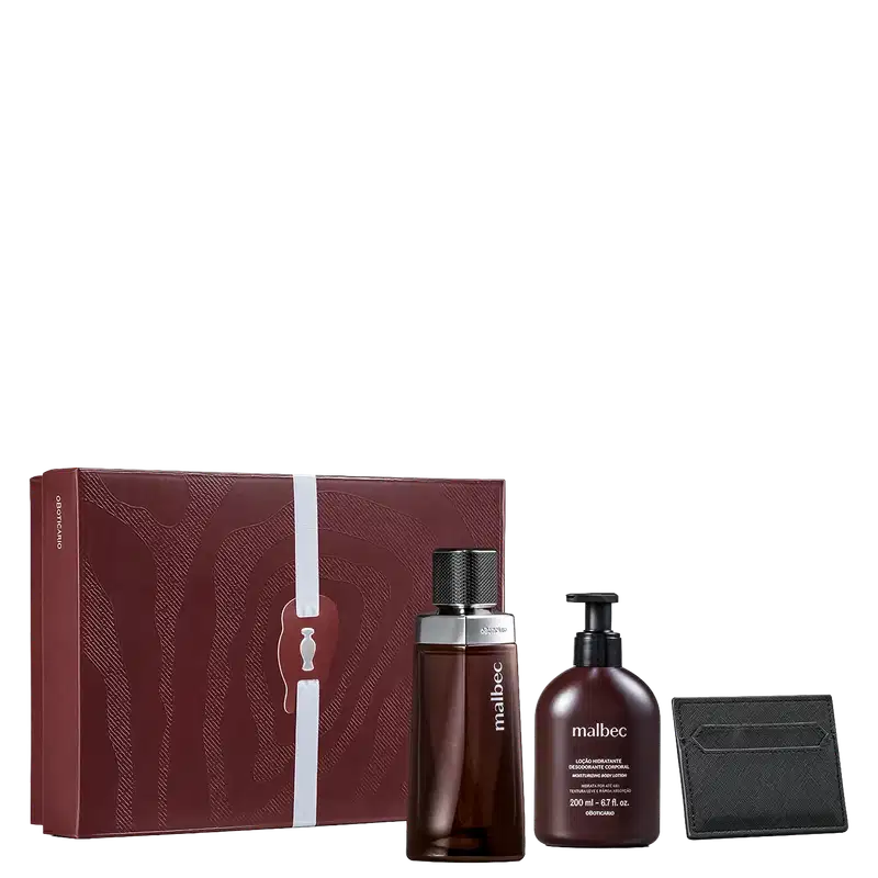 Conjunto de produtos Malbec contendo um frasco de desodorante colônia, um frasco de loção hidratante e uma carteira de couro preto, todos embalados em uma caixa vermelha com design gráfico.