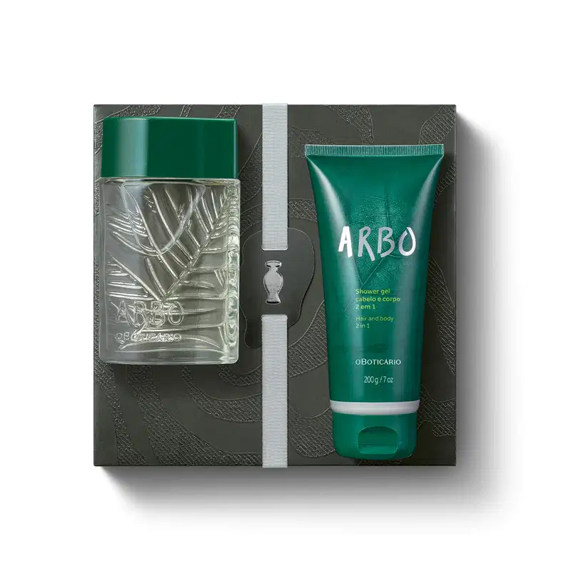 com tampa verde e bisnaga verde com rótulo Arbo, contendo item de perfumaria e produto para cabelo e corpo.