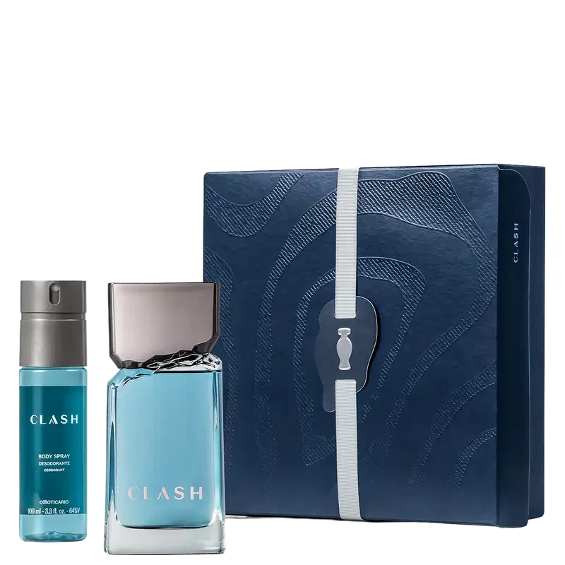Embalagem azul-marinho da linha Clash com textura ondulada, contendo um item de perfumaria e um frasco de desodorante corporal da mesma linha, sobre fundo preto.