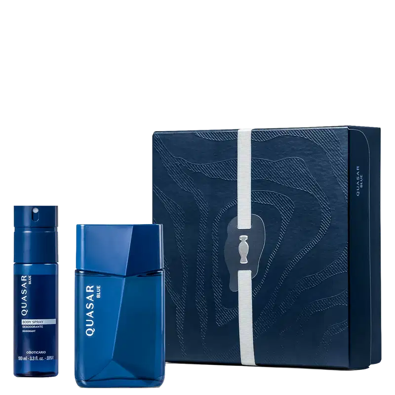 Conjunto de item de perfumaria da marca Quasar, composto por frasco de desodorante spray azul e caixa de presente com textura e design em tons de azul escuro.