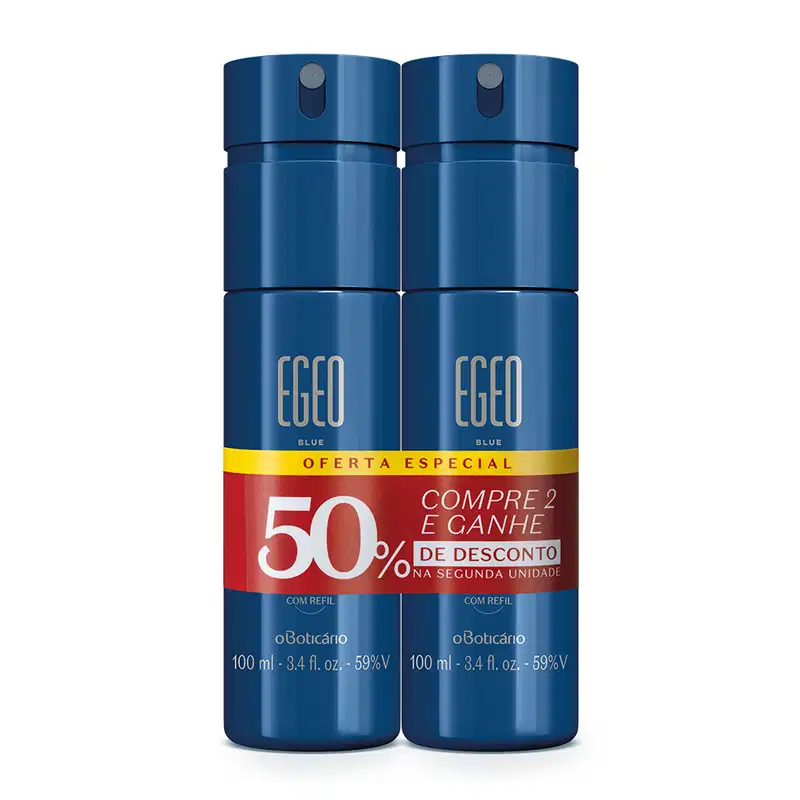 Imagem de dois body sprayda marca Egeo Blue na cor azul, com rótulos em dourado. Há uma faixa indicando oferta especial de compre 2 e ganhe 50% de desconto na segunda unidade.