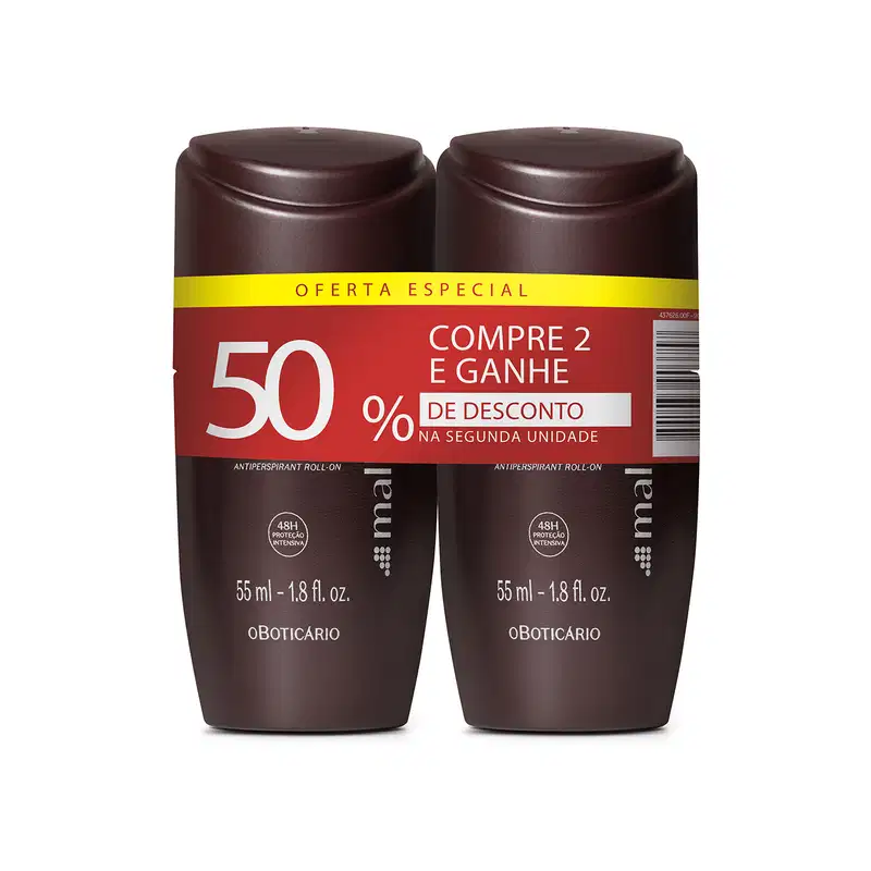 Imagem de dois frascos de desodorante antitranspirante roll-on Malbec na cor marrom escura e letras brancas. Indica oferta especial de compre 2 e ganhar 50% de desconto na segunda unidade. Cada frasco contém 55 ml do produto.