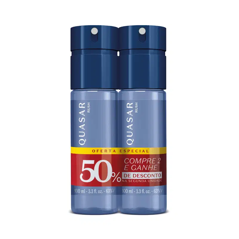 Dois frascos azuis de item de perfumaria da marca Quasar, com rótulo indicando oferta especial de compre 2 e ganhe 50% de desconto na segunda unidade.
