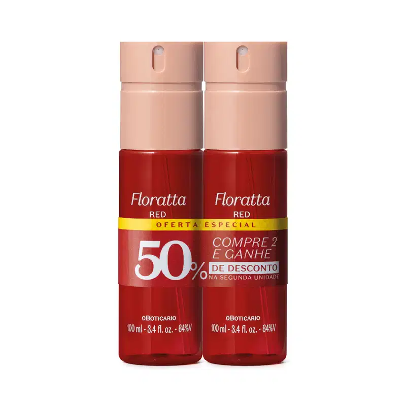 Dois frascos de item de perfumaria da marca Floratta na cor vermelha, com rótulo destacado em amarelo informando "Oferta especial: compre 2 e ganhe 50% de desconto na segunda unidade".