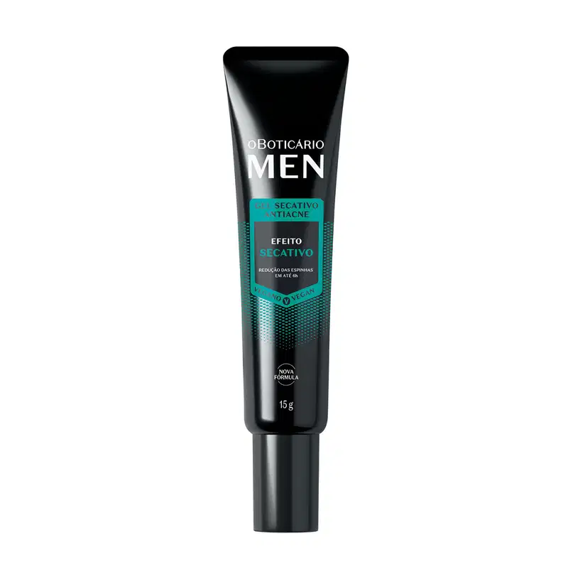 Imagem de bisnaga preta com gel secativo facial da marca Men. A embalagem possui rótulo com letras brancas e detalhes em azul e traz 15g de produto.
