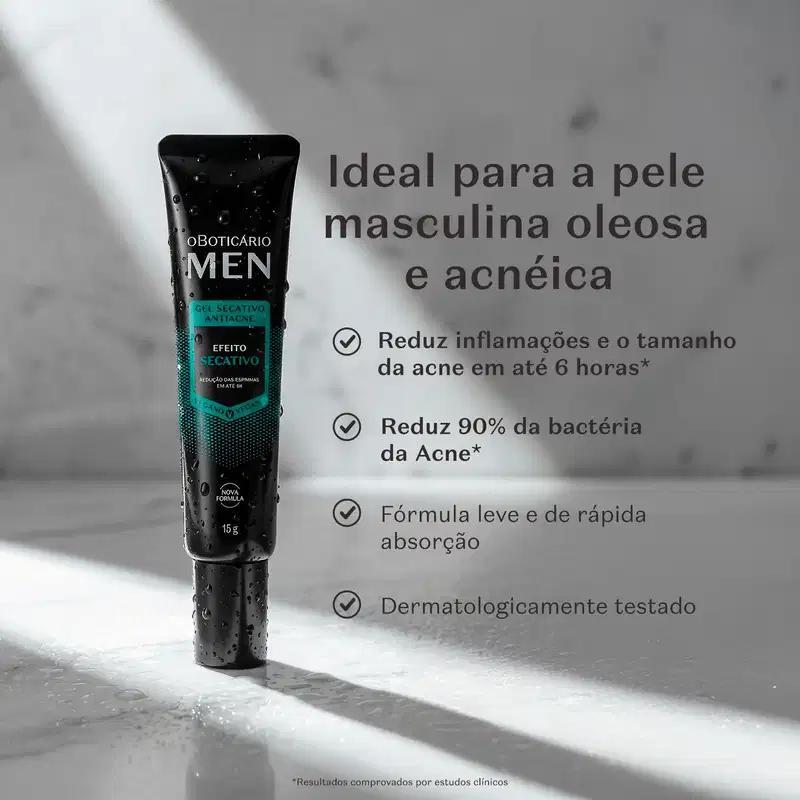 Imagem da bisnaga preta de gel secativo facial Men apresentado em um cenário de luzes e sombras. Indica que o produto é ideal para peles masculinas oleosas e acneicas, reduz a inflamação em até 6 horas, diminui 60% das bactérias da acne, com fórmula leve.
