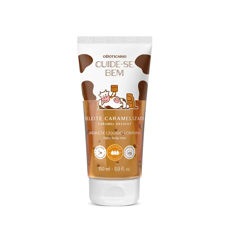 Embalagem de sabonete líquido da marca Cuide-se Bem Deleite Caramelizado. O recipiente é branco com tons de marrom, detalhes em preto e rótulo com ilustração de vaca.