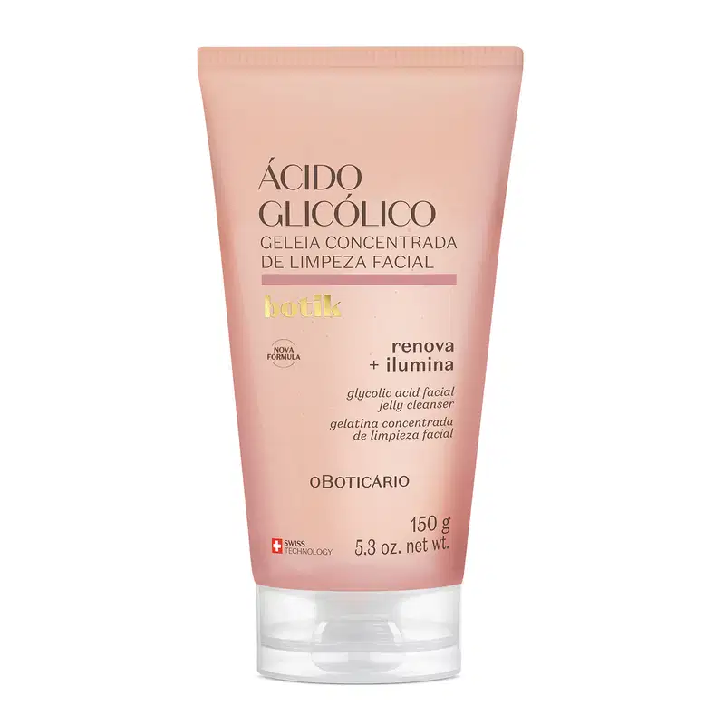 Bisnaga de gel de limpeza facial concentrado com ácido glicólico da marca Botik, em tons de rosa, com rótulo destacando "Renova + Ilumina" e "Geleia Concentrada de Limpeza Facial".