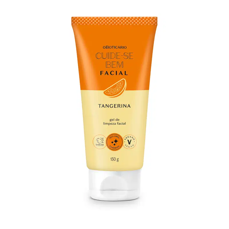 Tubo de gel de limpeza facial da linha Cuide-se Bem, com embalagem laranja e amarela, exibindo o nome "Tangerina" e informações sobre ser vegano e livre de crueldade animal.