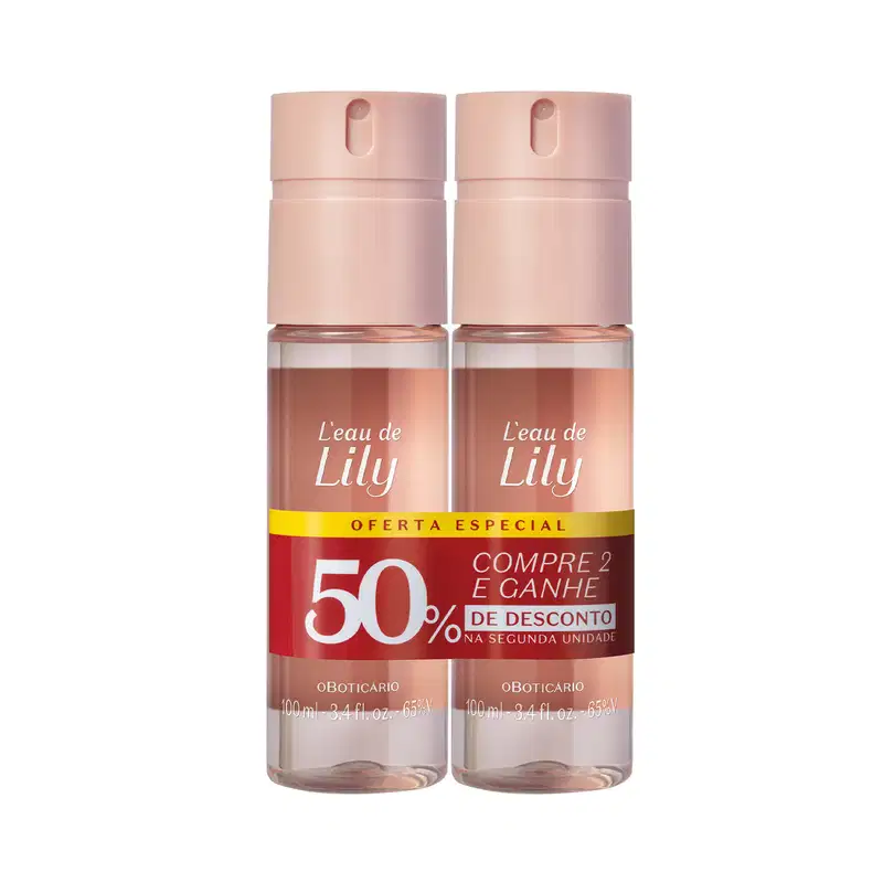 Dois frascos de item de perfumaria da marca L'eau de Lily, com embalagem rosa clara e tampa rosada, exibindo oferta especial de compre 2 e ganhe 50% de desconto na segunda unidade.