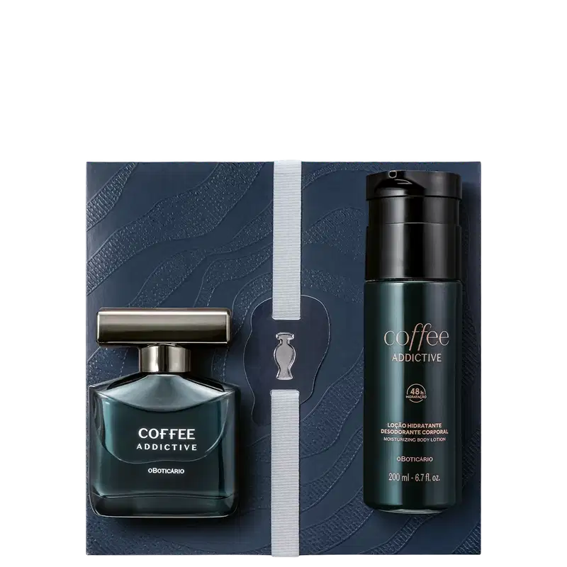 Conjunto de item de perfumaria e loção corporal hidratante da marca Coffee, em embalagens de frasco e bisnaga de cores azul-marinho e verde, com rótulos destacando o nome "Coffee Addictive".