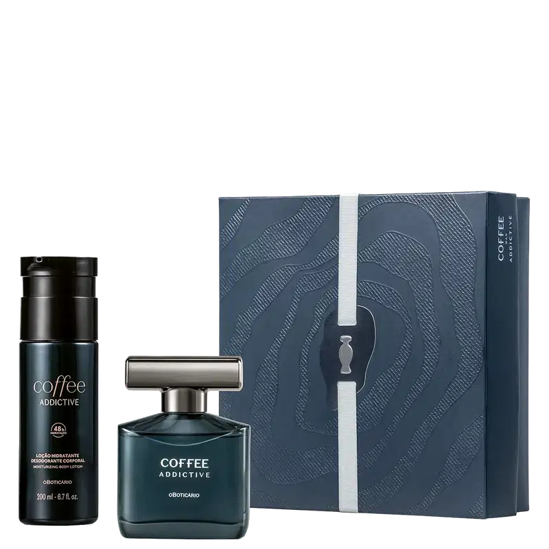 Caixa cinza com padrão ondulado contendo frasco de item de perfumaria da marca Coffee Addictive e bisnaga de loção hidratante corporal da mesma linha, ambos em tons escuros.