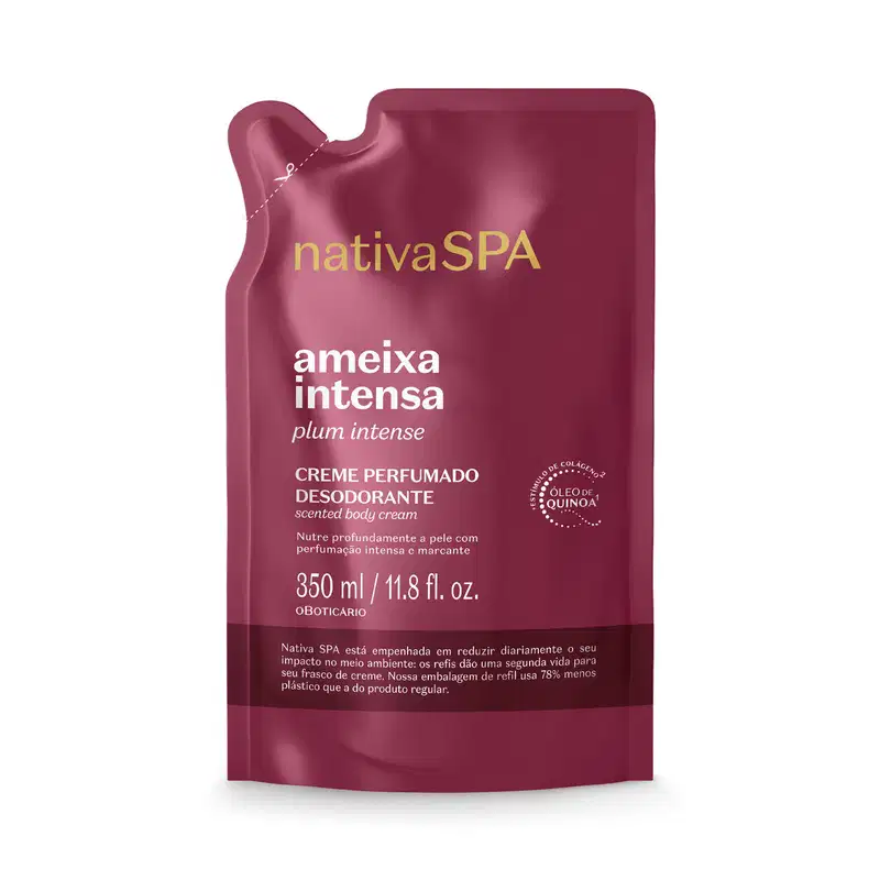 Embalagem de refil de creme perfumado desodorante da marca Nativa SPA, na cor vinho, com texto em dourado indicando "ameixa intensa" e "plum intense".