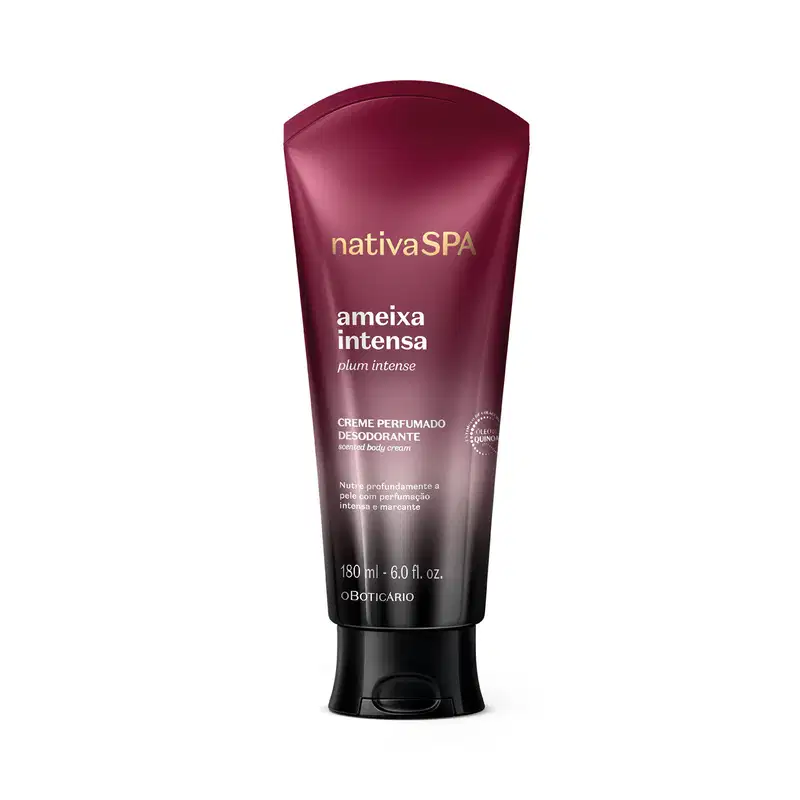 Frasco de creme perfumado desodorante da marca Nativa SPA, na cor vinho, com rótulo em dourado contendo o nome "Ameixa Intensa" e a descrição "Plum Intense".