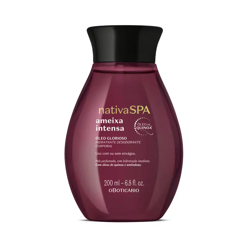 Frasco de item de perfumaria da marca Nativa SPA, com formato cilíndrico e tampa preta, em cor vinho escuro, com rótulo destacando "Ameixa Intensa" e informações sobre óleo de quinoa.