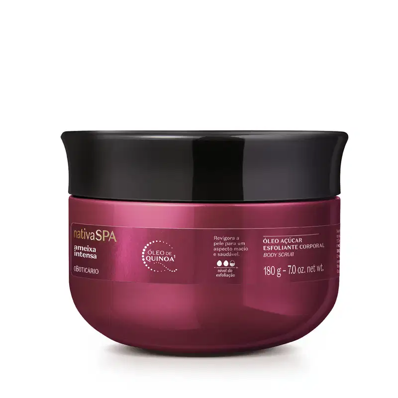 Pote de esfoliante corporal da marca Nativa SPA, com embalagem rosa e preta, rótulo com texto "Óleo açúcar esfoliante corporal" e informações sobre o produto.