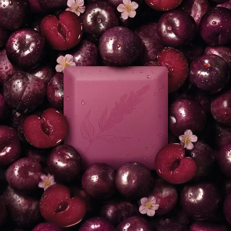 Sabonete rosa com relevo floral sobre fundo de cerejas vermelhas brilhantes e flores brancas, em ambiente escuro e úmido.
