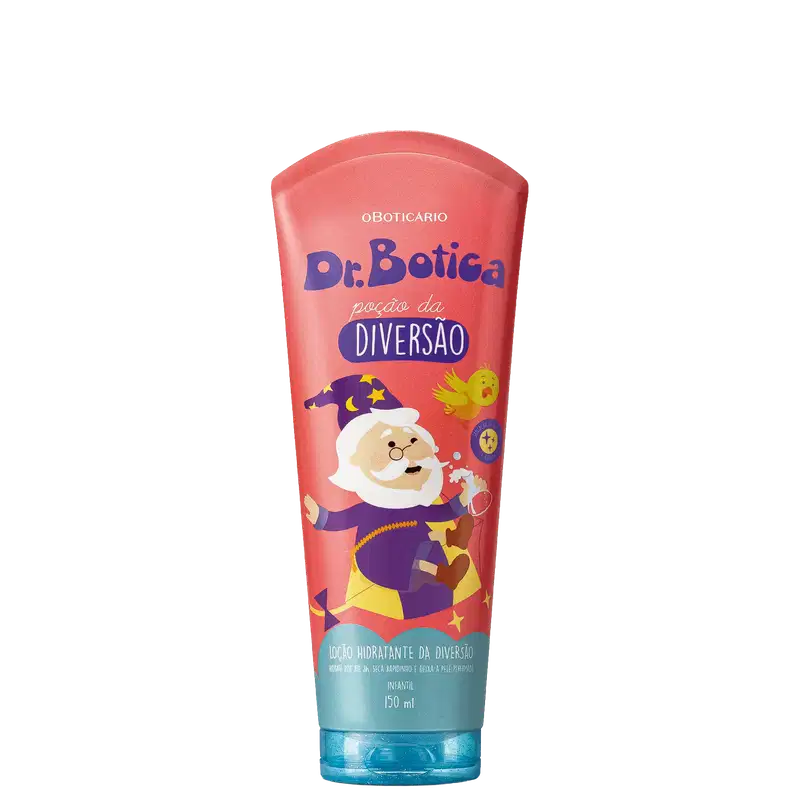 Loção hidratante Dr. Botica Pação da Diversão em tubo de 150 ml. Embalagem com predominância de cores coral e azul, ilustrada com personagem mágico e elementos decorativos. Produto infantil.