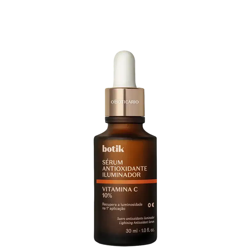 Frasco de vidro marrom com conta-gotas e rótulo dourado contendo "Botik Sérum Antioxidante Iluminador Vitamina C 10%". Produto promete recuperar a luminosidade na primeira aplicação.