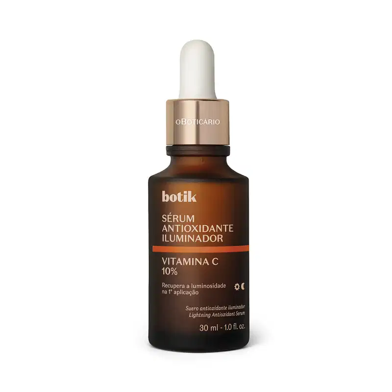 Frasco de vidro âmbar com conta-gotas branco e tampa dourada, contendo sérum antioxidante iluminador de vitamina C 10% da marca Botik.