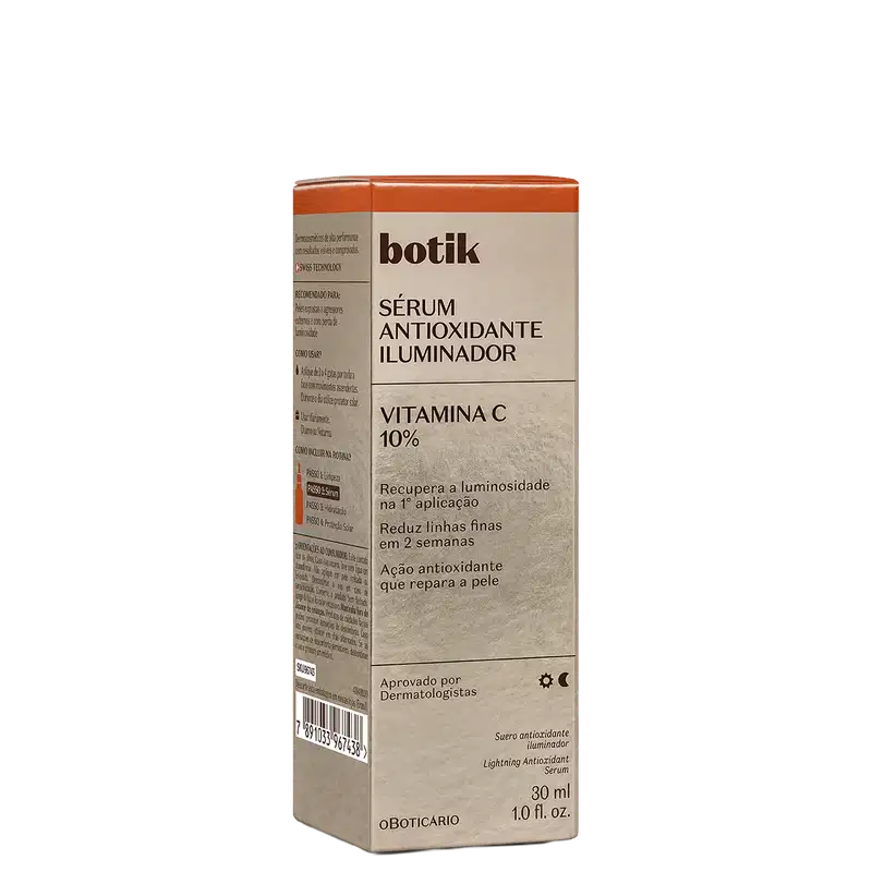 Caixa de papelão laranja e bege contendo frasco de sérum antioxidante iluminador Botik com 10% de vitamina C, 30 ml. Texto em português descreve os benefícios do produto.