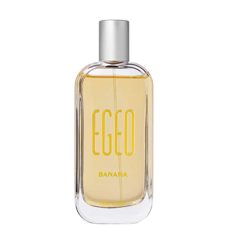 Perfume Egeo Banana em frasco de vidro transparente com líquido amarelo claro. Tampa prateada cilíndrica. Rótulo frontal com logo "EGEO" em letras douradas e texto "BANANA" abaixo. Base branca fosca.