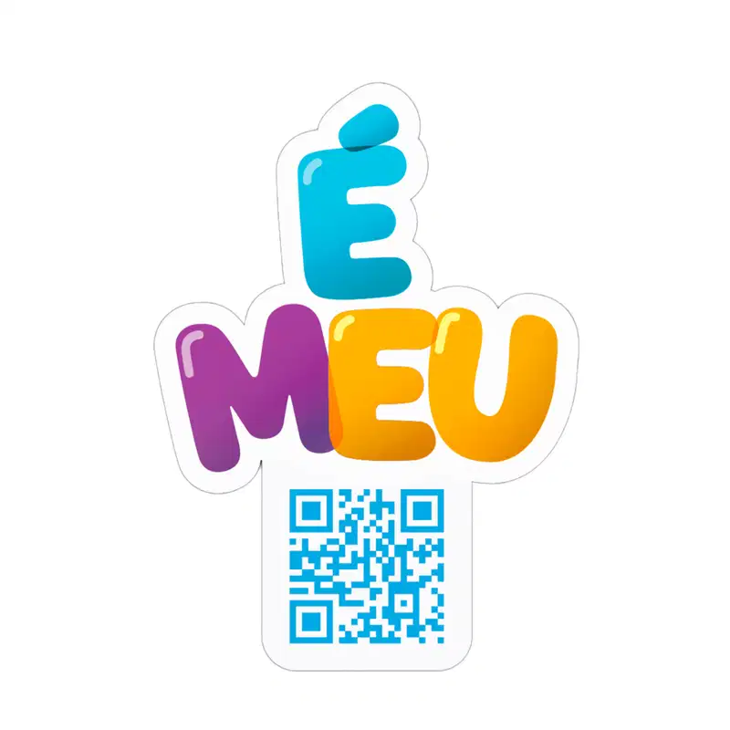 Logotipo da marca "E MEU" com código QR, em cores azul, roxo e amarelo, em fundo branco.