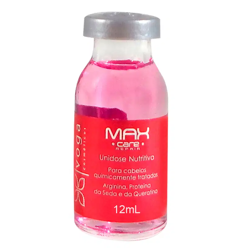Frasco de tratamento capilar Max Care Repair Unidose Nutritiva, com 12mL de volume, contendo líquido rosa e rótulo vermelho com informações sobre os ingredientes.