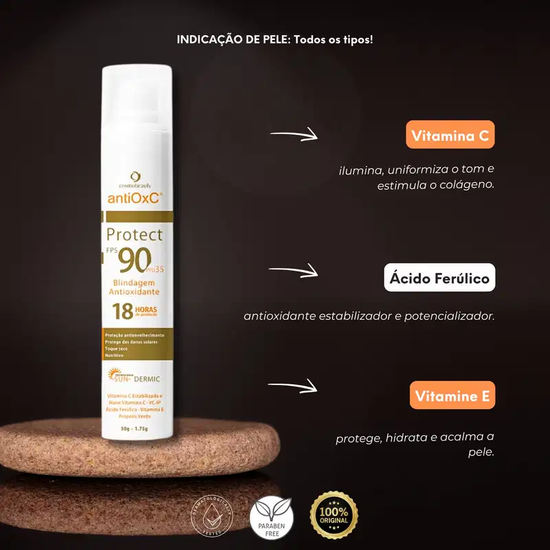 INDICAÇÃO DE PELE: Todos os tipos! Vitamina C ilumina, uniformiza o tom e estimula o colágeno. Ácido Ferúlico é antioxidante estabilizador e potencializador. Vitamina E protege, hidrata e acalma a pele.