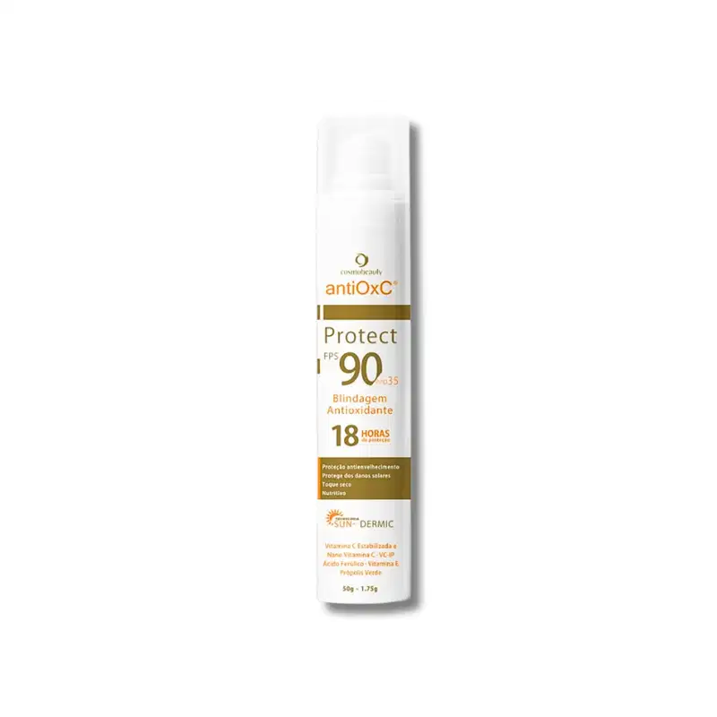 Protetor solar antioxidante Antiox-C Protect FPS 90, embalagem branca com detalhes dourados, contém informações sobre a proteção solar e propriedades antioxidantes.