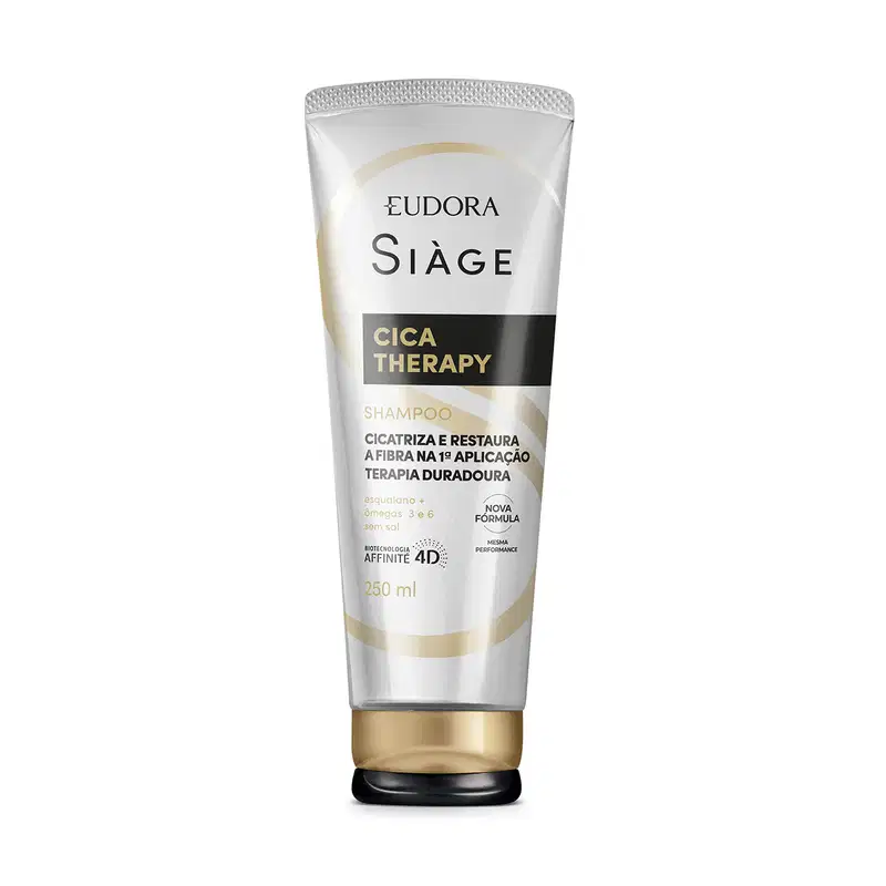 Frasco de shampoo Siàge Cica Therapy, com 250 ml, embalagem branca e dourada, com rótulo destacando "Cica Therapy" e informações sobre a fórmula que cicatriza e restaura a fibra capilar.