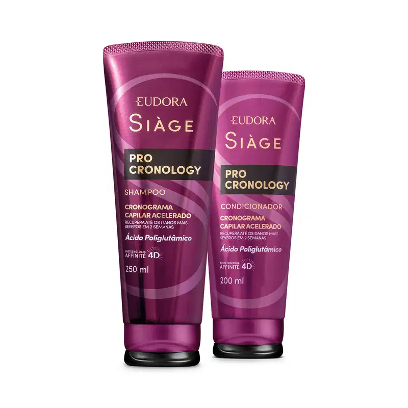Embalagens tubulares de plástico na cor roxa escura. Tampa preta de click, redonda, na base inferior. Rótulos em letras brancas e douras com a descrição Cronograma Capilar Acelerado e Ácido Poliglutâmico. Shampoo 250ml e condicionador 200ml.