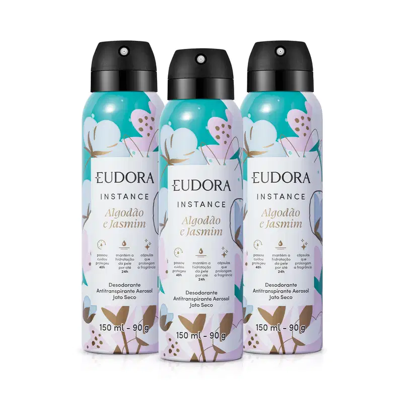 Combo Antitranspirante Aerosol Instance Algodão e Jasmim 3x150ml/90g