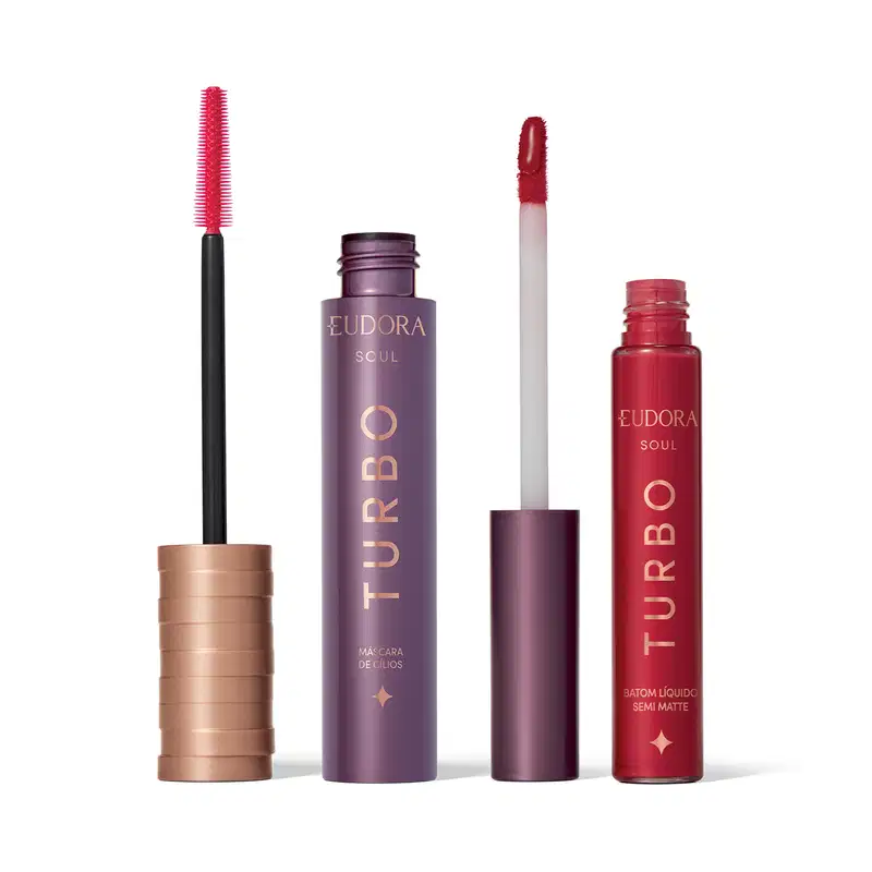 Combo SOUL Turbo: Máscara Cílios Turbo 10g + Batom Líquido Vermelho Turbinado Semi Mate 5ml