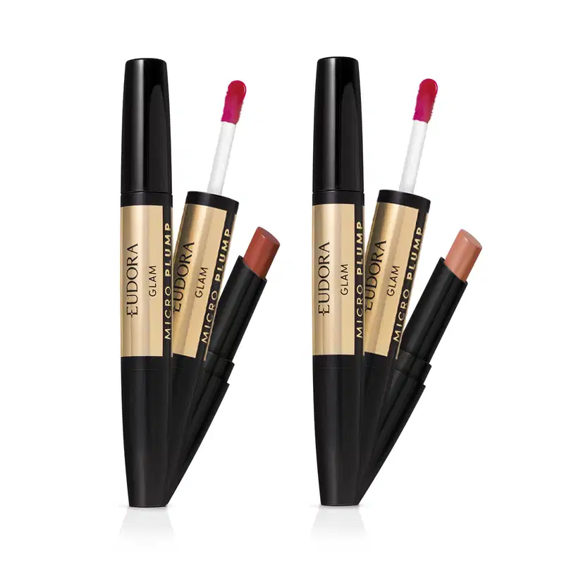 Combo Batom Duo Glam Micro Plump: Avelã Magnífico 1,8g + Terracota Retrô 1,8g