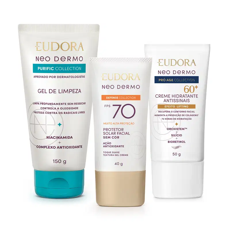 Combo Neo Dermo: Protetor Solar FPS 70 40g + Gel de Limpeza Facial 150g + Creme Facial 60+ 50g
