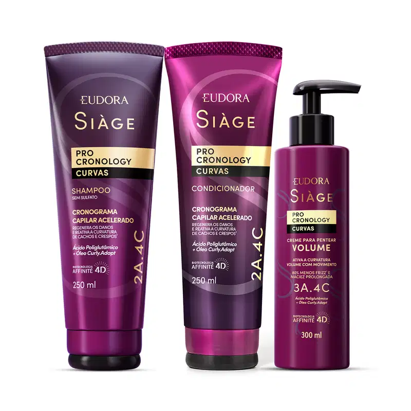 Combo Siàge Pro Cronology Curvas: Shampoo 250ml + Condicionador 250ml + Creme para Pentear Volume 300ml