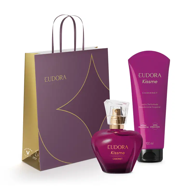 Combo Eudora Kiss me Cabernet presente: Desodorante Colônia 50ml + Loção Perfumada 100ml + Sacola