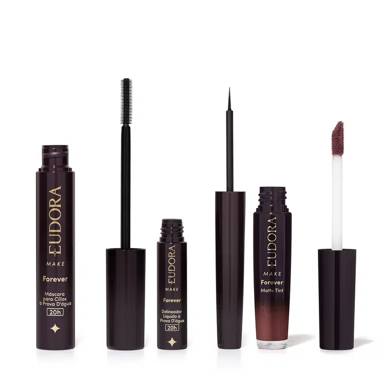 Combo Eudora Make: Máscara Cílios Forever 8g + Delineador Líquido Forever 3ml + Batom Líquido Matte Tint Rose Vintage 4ml