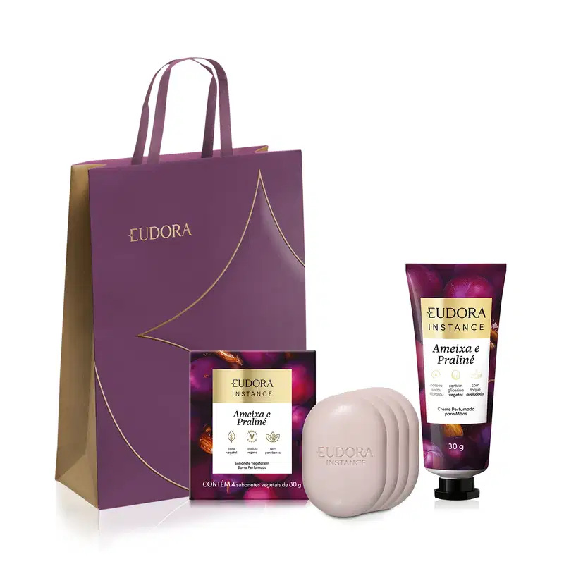 Combo Instance Ameixa e Praliné: Sabonete em Barra 4x80g + Creme de Mãos 30g + Sacola