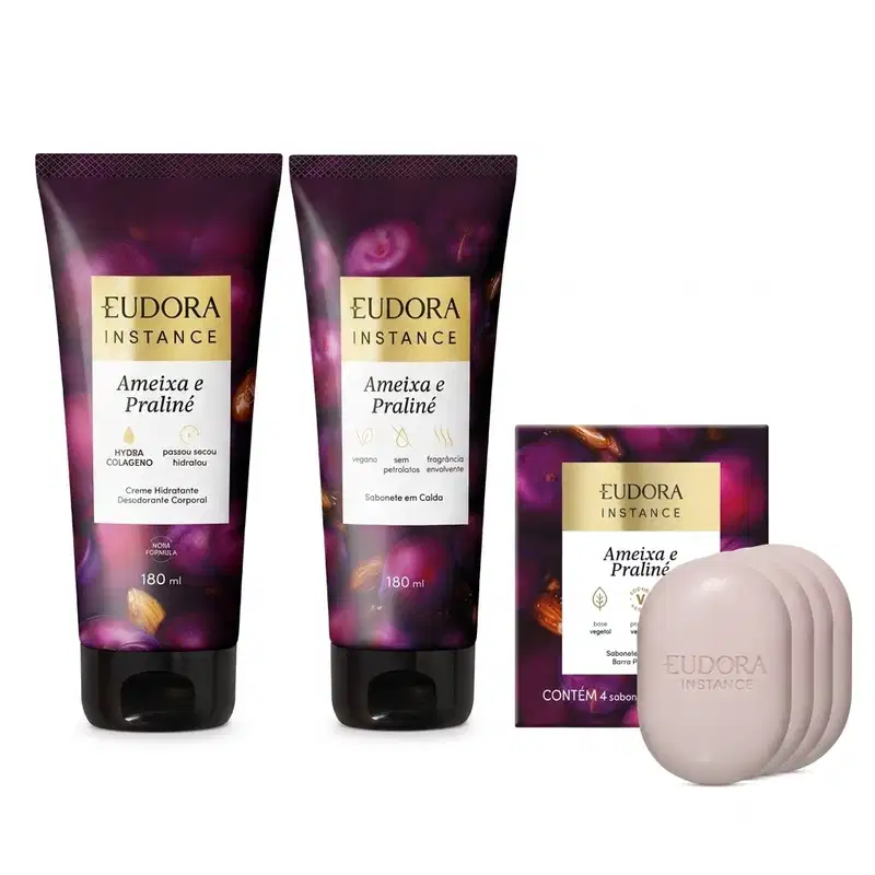 Combo Instance Ameixa e Praliné: Sabonete em Barra 4x80g + Sabonete Em Calda 180ml + Creme Corporal 180ml