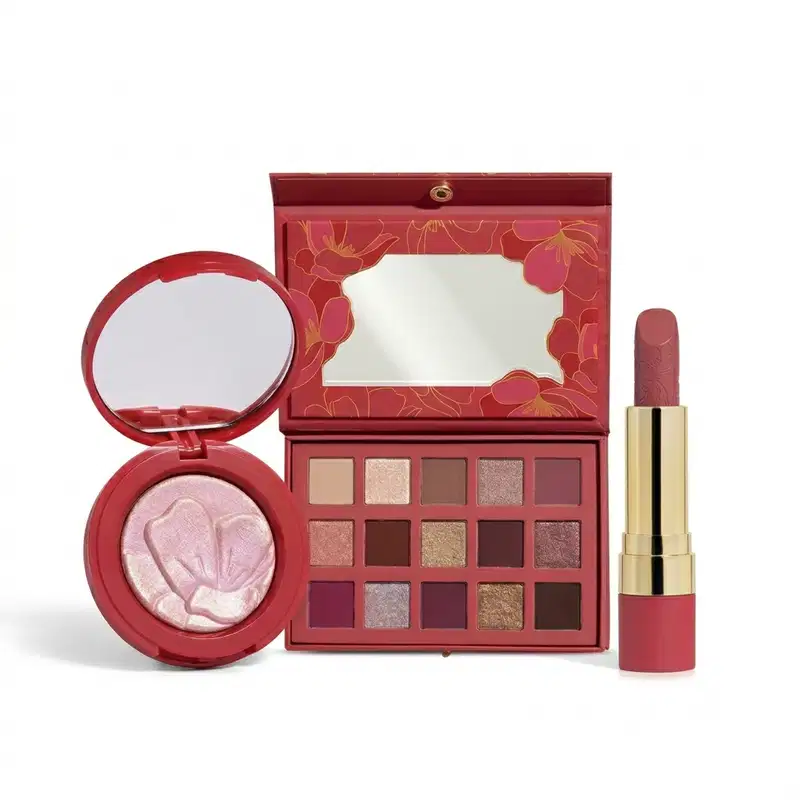 Combo Niina Secrets Soft Petals: Paleta de Sombras 10g + Iluminador 3g + Batom Rosa Secreta 3,8g