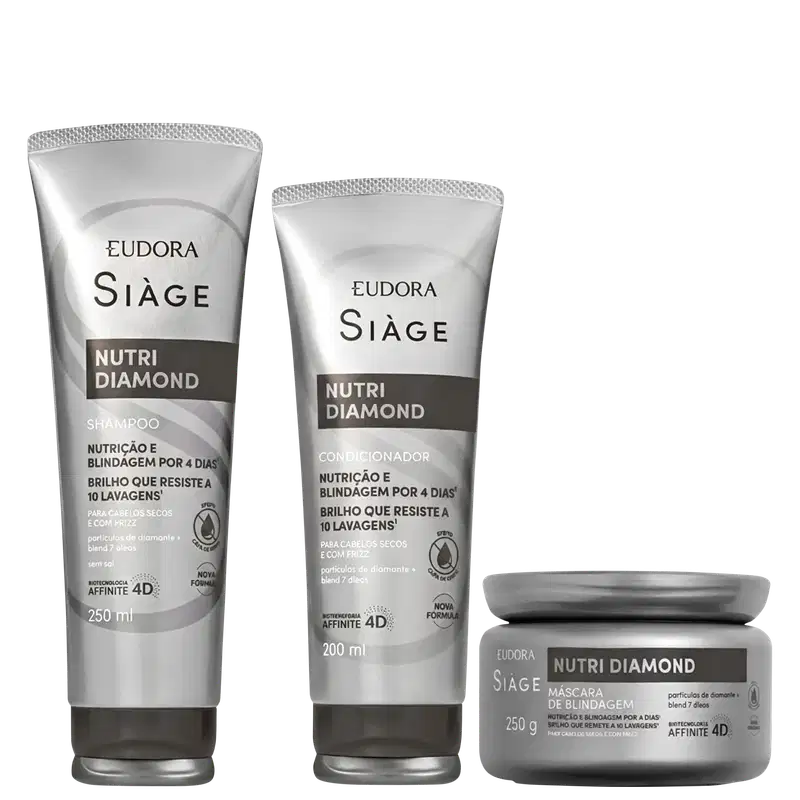 Os produtos Siàge Nutri Diamond incluem um shampoo, um condicionador e uma máscara de tratamento em embalagens brancas e cinzas. Os rótulos destacam os benefícios de nutrição e brilho que duram até 10 lavagens.