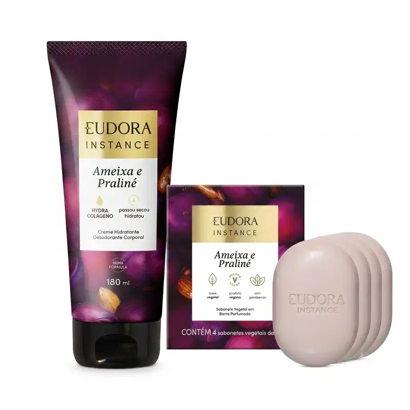 Combo Instance Ameixa e Praliné: Creme Corporal 180ml + Sabonete em Barra 4x80g