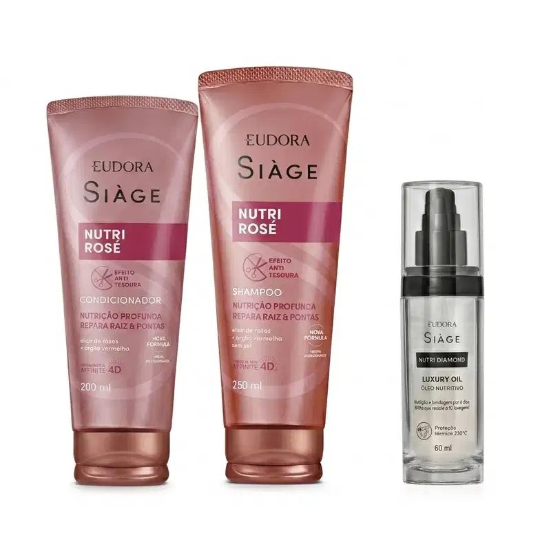 Combo Siàge: Shampoo Nutri Rosé 250ml + Condicionador Nutri Rosé 200ml + Óleo Nutritivo Siàge Nutri Diamond 60ml