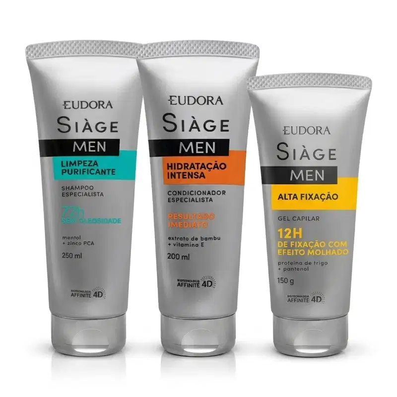 Combo Siàge Men: Shampoo Purificante 250ml + Condicionador Hidratação Intensa 200ml + Gel Capilar 150g