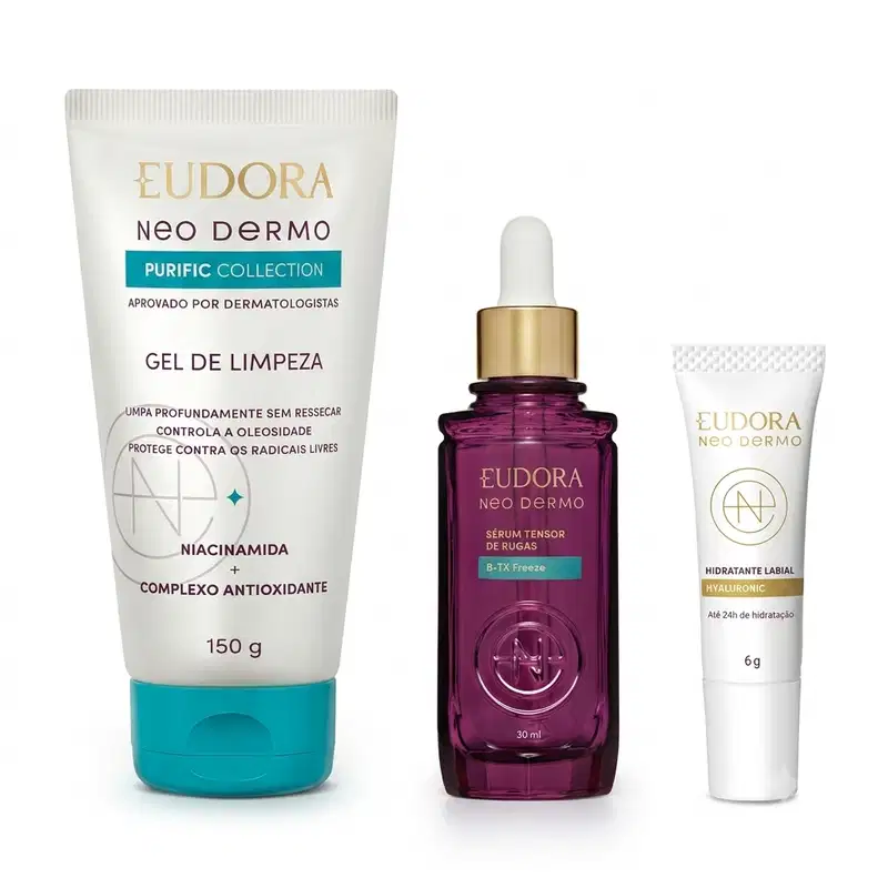 Combo Neo Dermo: Gel Limpeza 150g + Sérum Rugas 30ml + Hidratante Labial 6g