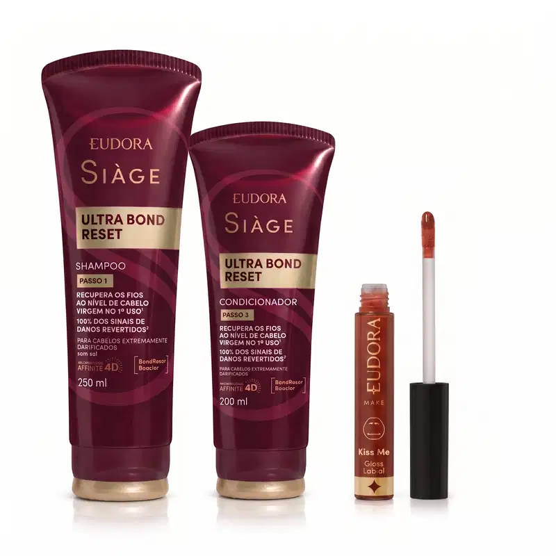 Combo Siàge Ultra Bond Reset + Eudora & Adam Mitch: Shampoo 250ml + Condicionador 200ml + Gloss Labial 5,2ml